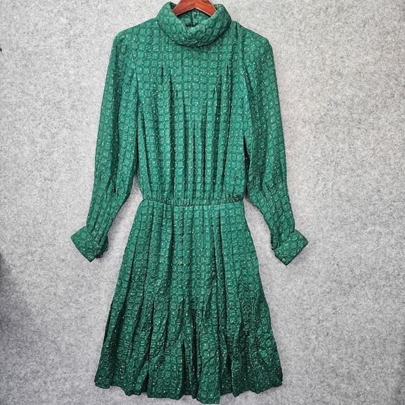 Chloe Dresses & Skirts - Vintage CHLOE Dress Womens 34 S Green Confetti Funky Silk Midi Dusty Pleated